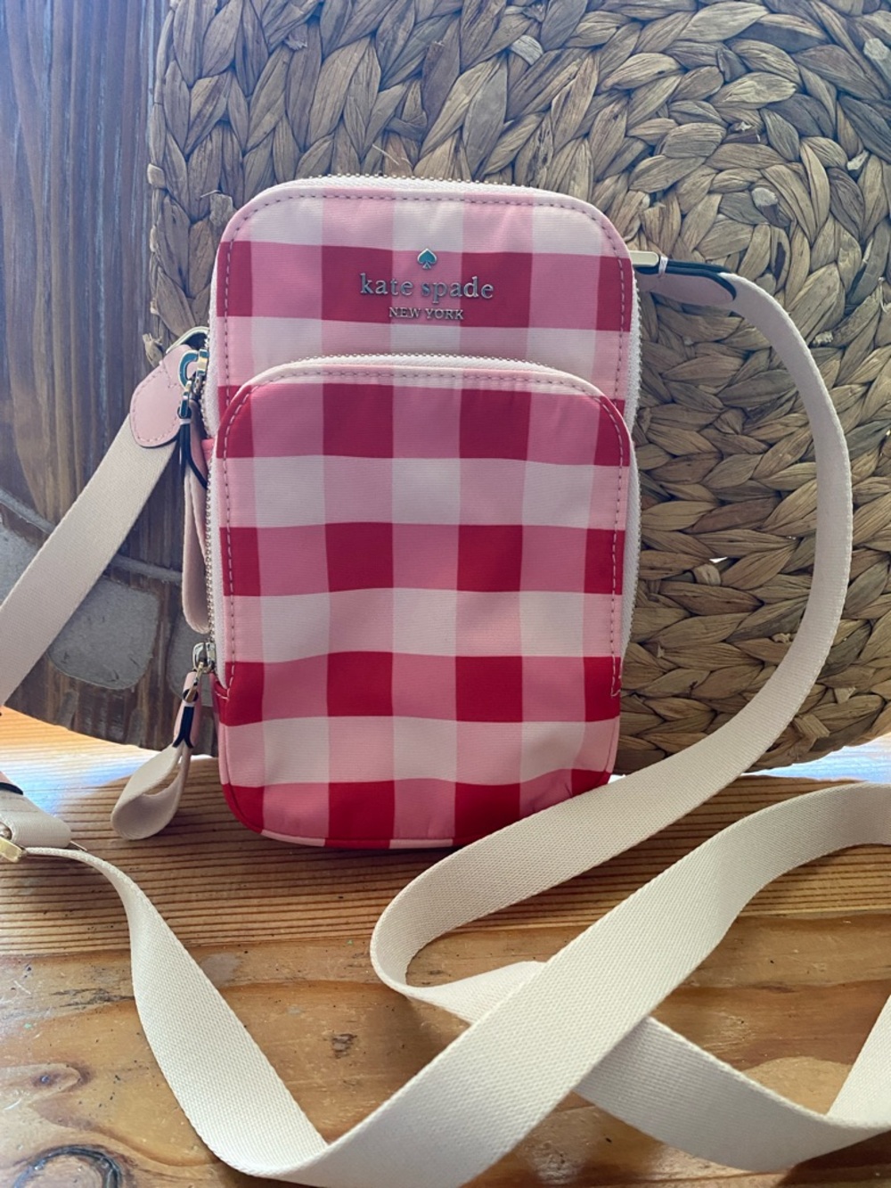 Kate Spade Pink Gingham Check Nylon Phone Crossbody